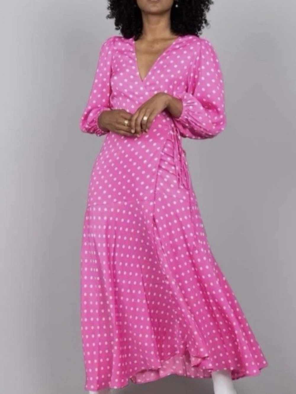 Pink Polka Dot Wrap Maxi Dress